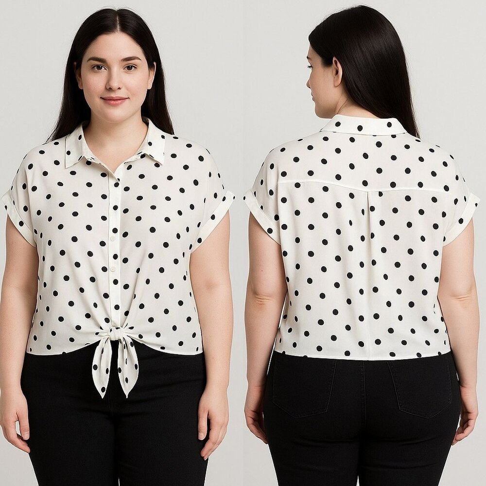 Velvet Fleur Women Polka Dot Blouse XL White Black Tie Front Button Up